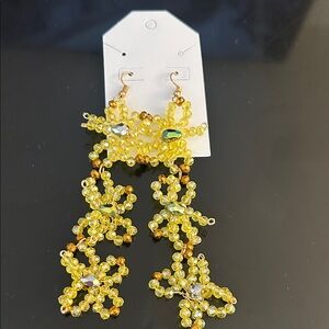 Yellow Beaded Floral Drop Earrings - Brand: